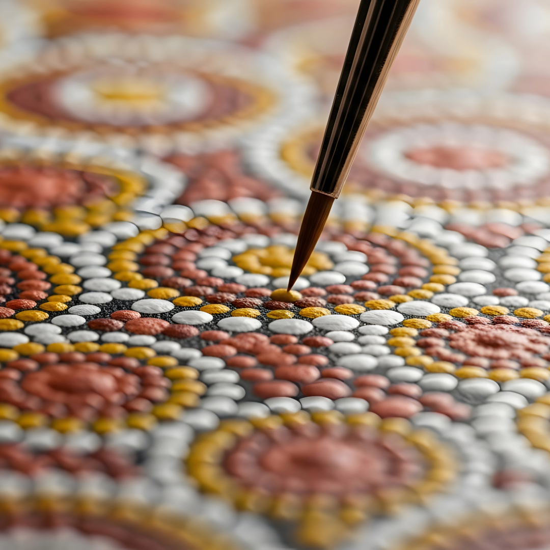 Close-up of a fine brush placing a single dot on a detailed mosaic-style pattern in warm earth tones