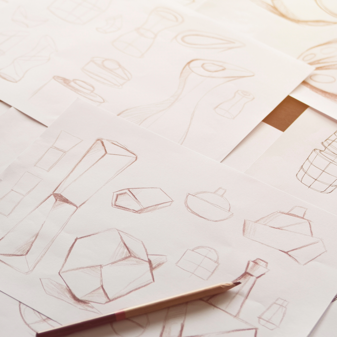 Pencil sketches of vessels and product forms on cream paper, in warm sienna tones
